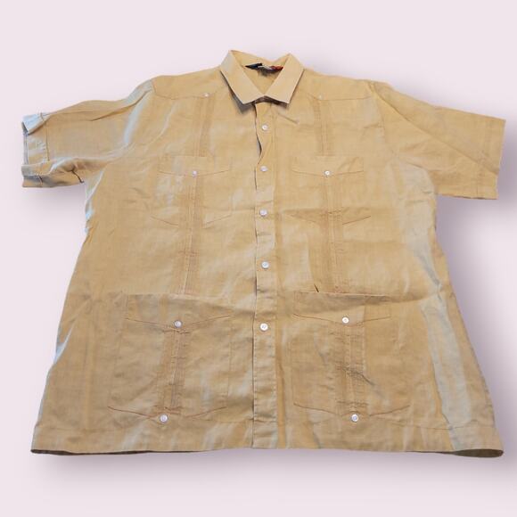 D'Accord Men's 2X Gold Cuban Guayabera Shirt 100% Linen Embroidered EUC - Picture 2 of 10
